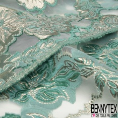 Brocart organza lancé découpé Haute Couture imprimé grande fleur lurex or vert de poivre fond transparent blanc