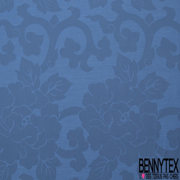 Brocard souple dévoré haute couture laine soie motif floral bleu crépuscule fjord