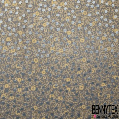 Mousseline polyester motif floral or de pépite fond nuit floquée pois velours ras bleu de rêve
