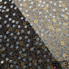Mousseline polyester motif floral or de pépite fond nuit floquée pois velours ras bleu de rêve