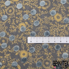 Mousseline polyester motif floral or de pépite fond nuit floquée pois velours ras bleu de rêve
