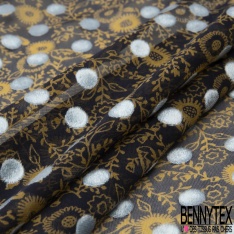 Mousseline polyester motif floral or de pépite fond nuit floquée pois velours ras bleu de rêve