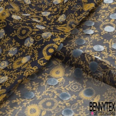 Mousseline polyester motif floral or de pépite fond nuit floquée pois velours ras bleu de rêve