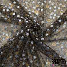Mousseline polyester motif floral or de pépite fond nuit floquée pois velours ras bleu de rêve