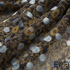 Mousseline polyester motif floral or de pépite fond nuit floquée pois velours ras bleu de rêve