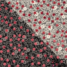 Mousseline polyester motif floral or de pépite fond nuit floquée pois velours ras bleu de rêve
