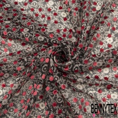 Mousseline polyester motif floral or de pépite fond nuit floquée pois velours ras bleu de rêve