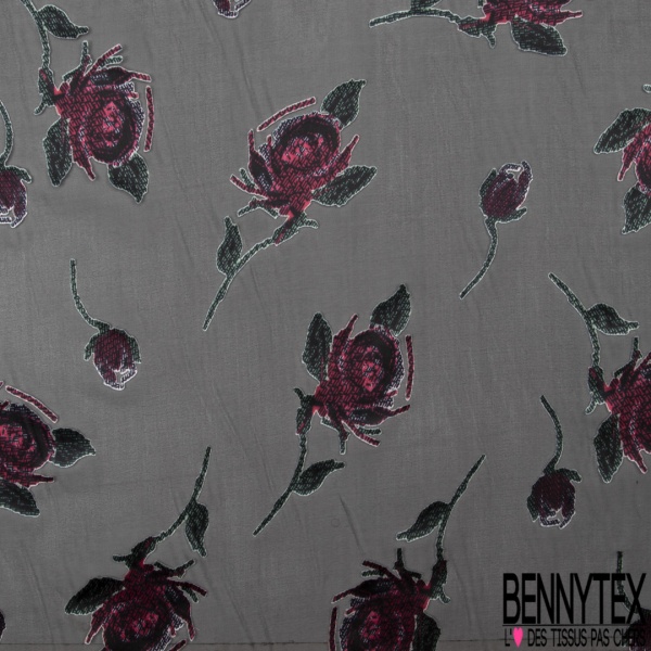 Dévoré polyester viscose motif grande fleur aquarelle fond noir