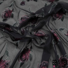 Dévoré polyester viscose motif grande fleur aquarelle fond noir