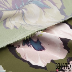 Twill satiné polyester imprimé pensées multicolores fond strié en biais pep's