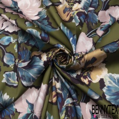Twill satiné polyester imprimé pensées multicolores fond strié en biais pep's
