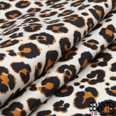 Satin de voile coton élasthanne imprimé léopard noir fuschia fond blanc discret