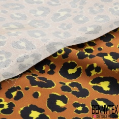 Satin de coton élasthanne imprimé léopard noir orange brûlée fond blanc discret