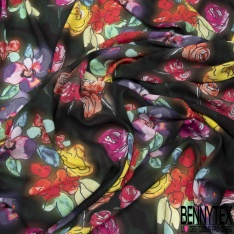 Mousseline georgette crépon imprimé floral gris pois flockés noir fond bleu marine