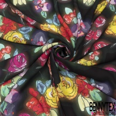 Mousseline georgette crépon imprimé floral gris pois flockés noir fond bleu marine
