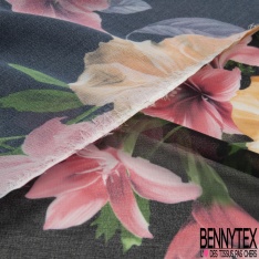 Mousseline crêpée polyester imprimé grande fleur rétro fond sable gris