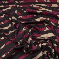 Satin polyester imprimé iris fond pied de poule noir sang de taureau