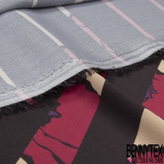 Satin polyester imprimé iris fond pied de poule noir sang de taureau