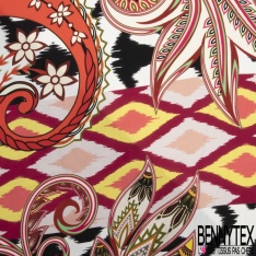 Fibranne viscose imprimé grand motif folklorique fantaisie strié noir et blanc cassé
