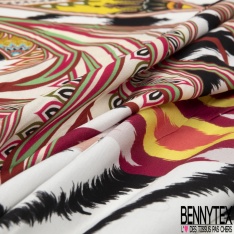 Fibranne viscose imprimé grand motif folklorique fantaisie strié noir et blanc cassé