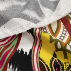 Fibranne viscose imprimé grand motif folklorique fantaisie strié noir et blanc cassé