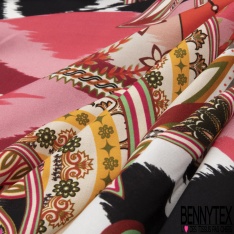 Fibranne viscose imprimé grand motif folklorique fantaisie strié noir et blanc cassé