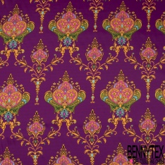 Twill satiné polyester imprimé grande fleur rétro ton fuschia corail pourpre de crépuscule fond réséda