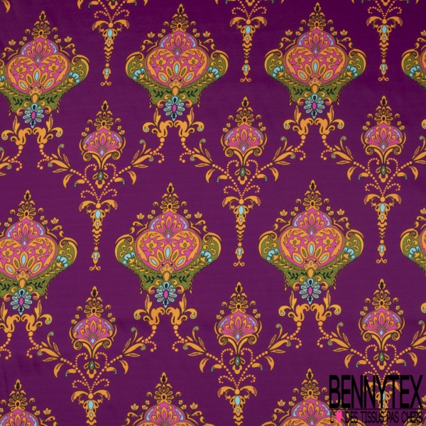 Twill satiné polyester imprimé grande fleur rétro ton fuschia corail pourpre de crépuscule fond réséda