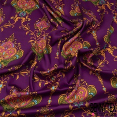 Twill satiné polyester imprimé grande fleur rétro ton fuschia corail pourpre de crépuscule fond réséda
