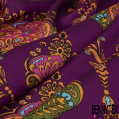 Twill satiné polyester imprimé grande fleur rétro ton fuschia corail pourpre de crépuscule fond réséda