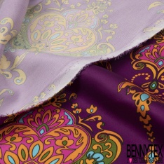 Twill satiné polyester imprimé grande fleur rétro ton fuschia corail pourpre de crépuscule fond réséda