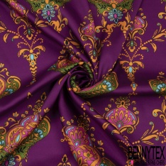 Twill satiné polyester imprimé grande fleur rétro ton fuschia corail pourpre de crépuscule fond réséda