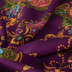 Twill satiné polyester imprimé grande fleur rétro ton fuschia corail pourpre de crépuscule fond réséda