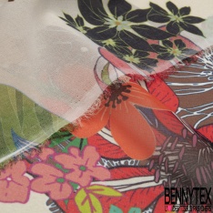 Mousseline georgette énorme imprimé floral ton rose fond blanc discret