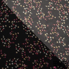 Mousseline georgette imprimé fleur stylisé noir fond blanc fleur en ombre huile d'amande