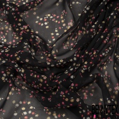 Mousseline georgette imprimé fleur stylisé noir fond blanc fleur en ombre huile d'amande