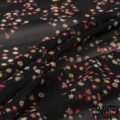 Mousseline georgette imprimé fleur stylisé noir fond blanc fleur en ombre huile d'amande