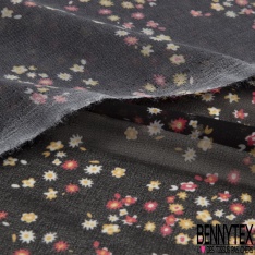 Mousseline georgette imprimé fleur stylisé noir fond blanc fleur en ombre huile d'amande