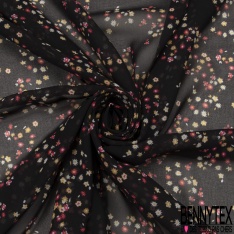 Mousseline georgette imprimé fleur stylisé noir fond blanc fleur en ombre huile d'amande