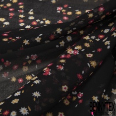 Mousseline georgette imprimé fleur stylisé noir fond blanc fleur en ombre huile d'amande