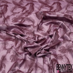 Soie élasthanne lingerie motif grande plume virevoltant rouge de mars fond eau de rose