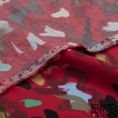 Fibranne viscose imprimé feuillage foisonnant flou ton rouge blanc cassé citronnade fiesta vert myrte fond noir