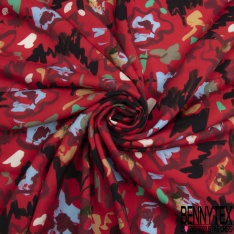 Fibranne viscose imprimé feuillage foisonnant flou ton rouge blanc cassé citronnade fiesta vert myrte fond noir