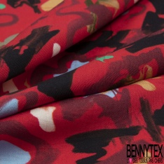 Fibranne viscose imprimé feuillage foisonnant flou ton rouge blanc cassé citronnade fiesta vert myrte fond noir