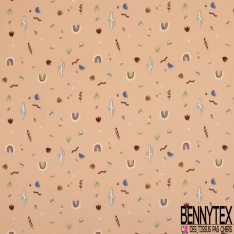 Fibranne viscose imprimé feuillage ethnic stylisé fantaisie multicolore fond blanc cassé