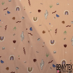 Fibranne viscose imprimé feuillage ethnic stylisé fantaisie multicolore fond blanc cassé