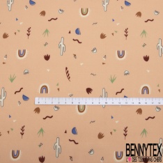 Fibranne viscose imprimé feuillage ethnic stylisé fantaisie multicolore fond blanc cassé