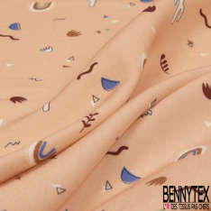 Fibranne viscose imprimé feuillage ethnic stylisé fantaisie multicolore fond blanc cassé