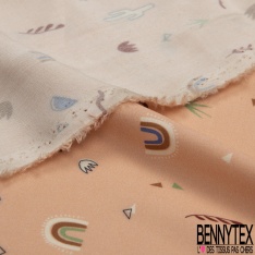 Fibranne viscose imprimé feuillage ethnic stylisé fantaisie multicolore fond blanc cassé