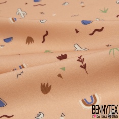 Fibranne viscose imprimé feuillage ethnic stylisé fantaisie multicolore fond blanc cassé